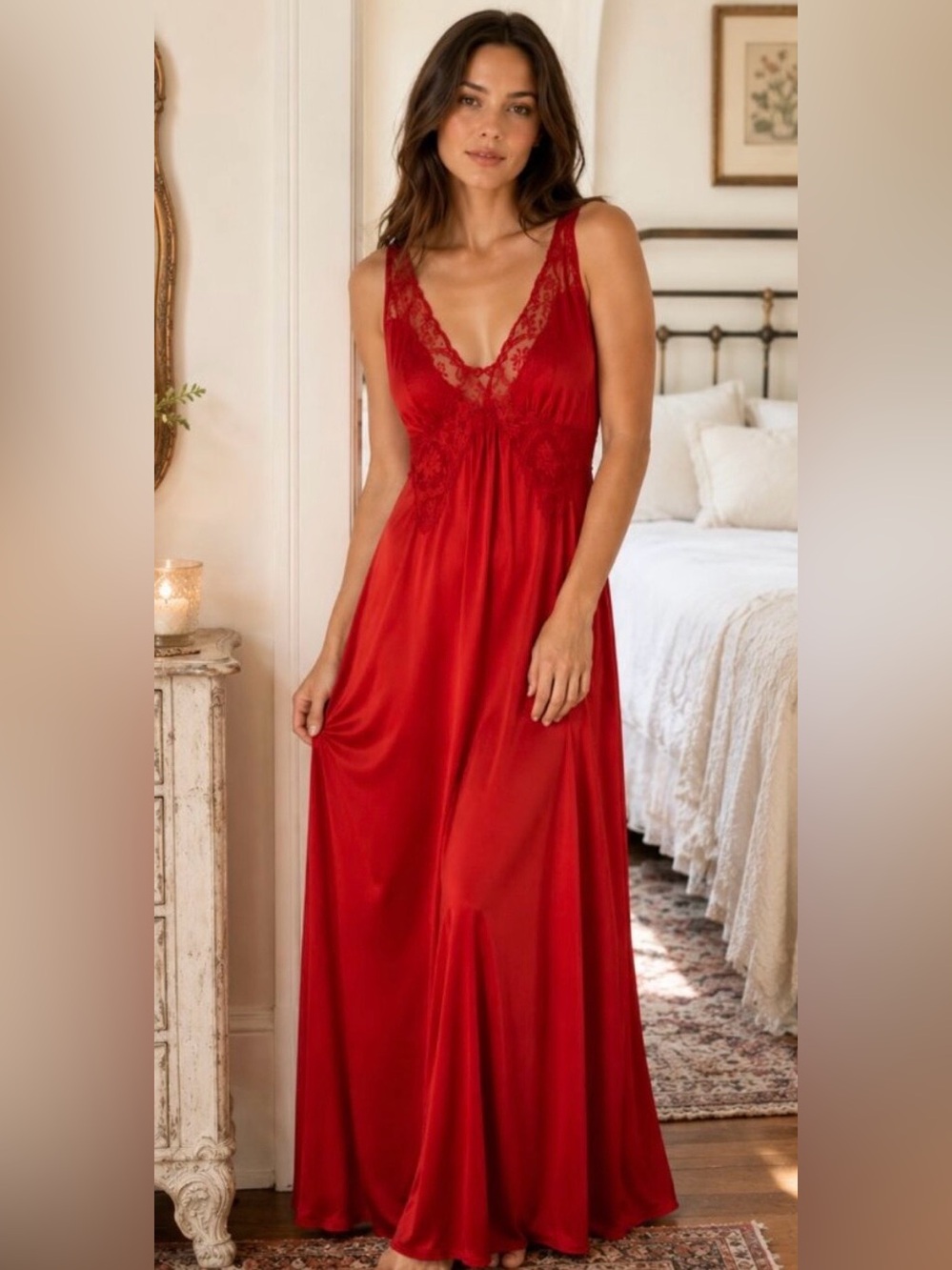 Olga Body Red Silk Lace Vintage Slip Gown